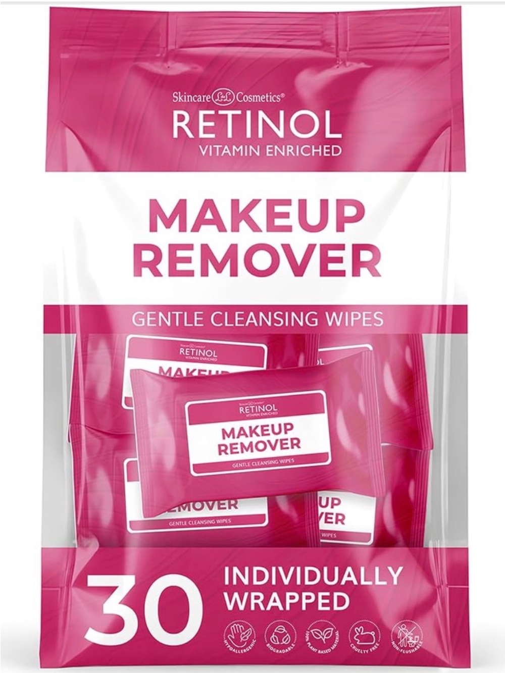 Retinol Vitamin-Enriched Makeup Remover Wipes — Pink, 30 Count